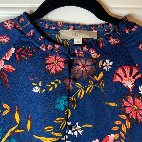 ❌DONATED❌ LOFT ANN TAYLOR Blue Silk Satin Floral Print Long Sleeve Shift Dress - Picture 6 of 8